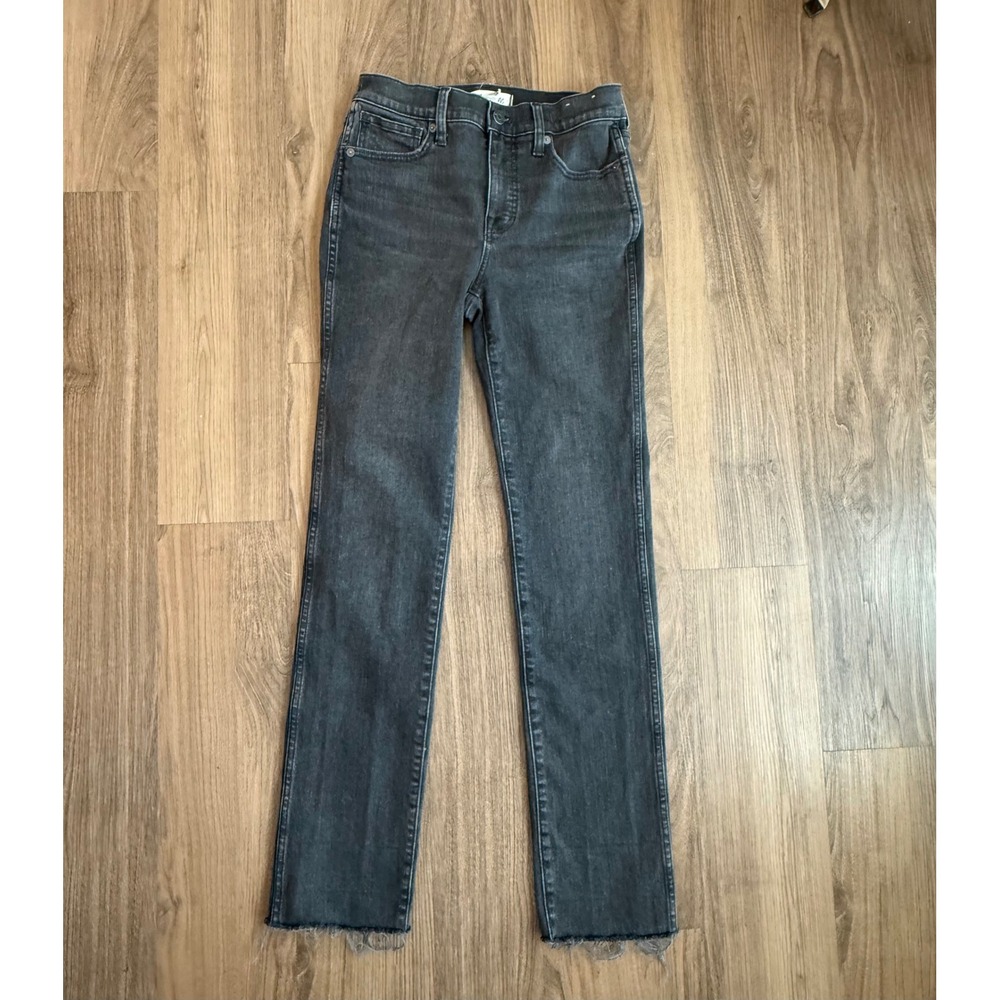 Madewell Mid-Rise Stovepipe Jeans Faded Black Raw Hem Straight Leg 25